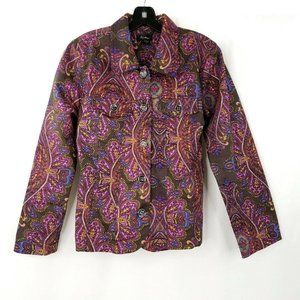 Analogy Jacket Blazer Size Large Button Front Cotton Paisley Brown Pink Gold